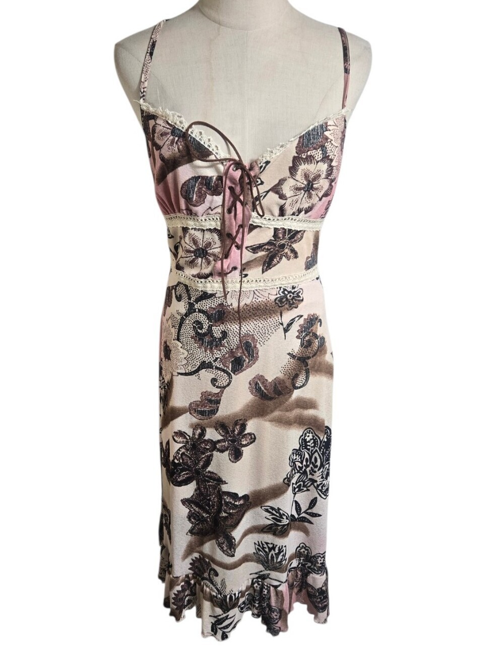 Arden B Y2K Floral Lace-Trim Tie Front Slip Dress in Blush and Brown